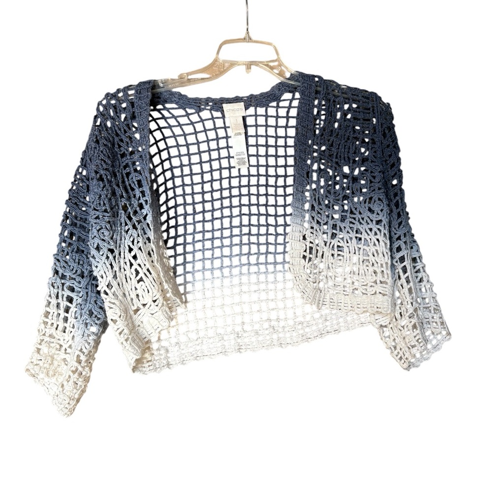 Chico's Blue and White Crochet Shrug